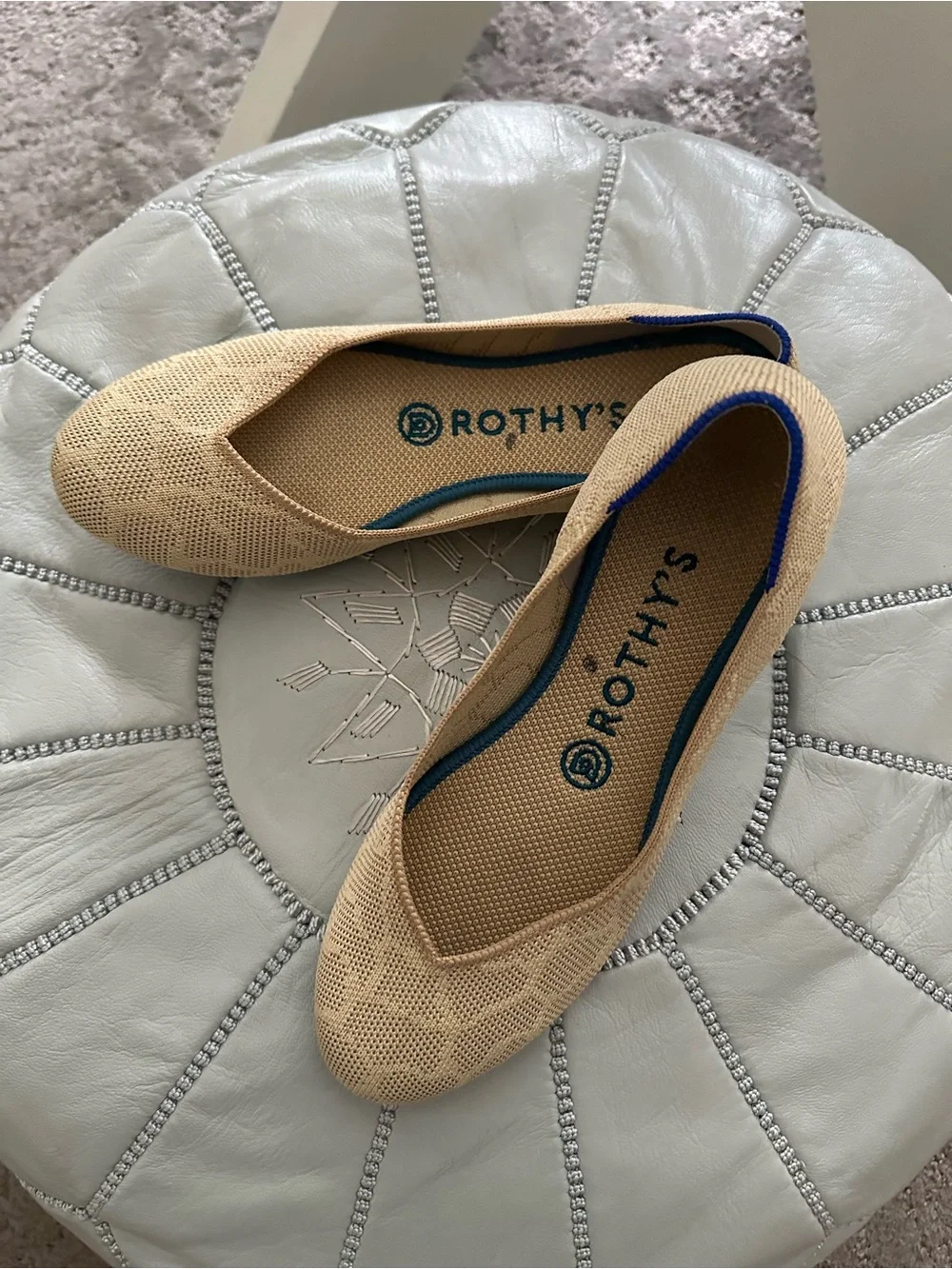 Rothy's Sahara Gold Giraffe print Knit Pointed Toe Flats with Blue Trim